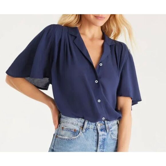 Z Supply Zena navy ruffle sleeve blouse size small - Picture 1 of 10